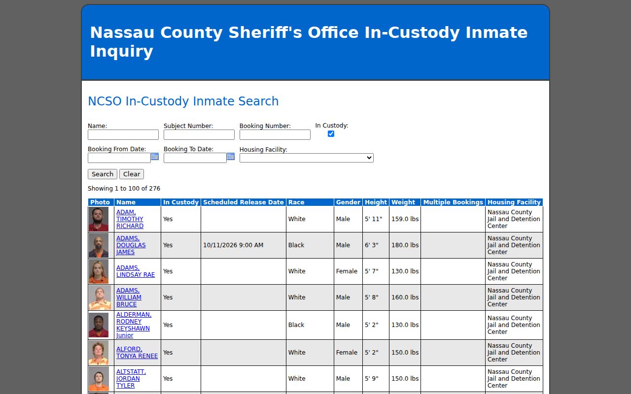 Nassau County arrest history current custody inquiry