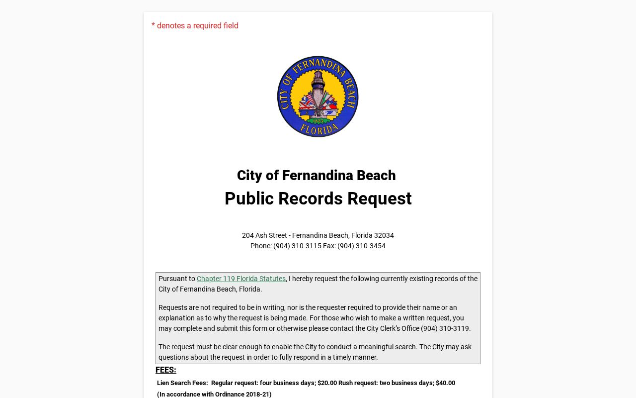 Fernandina Beach JustFOIA public records request entry page