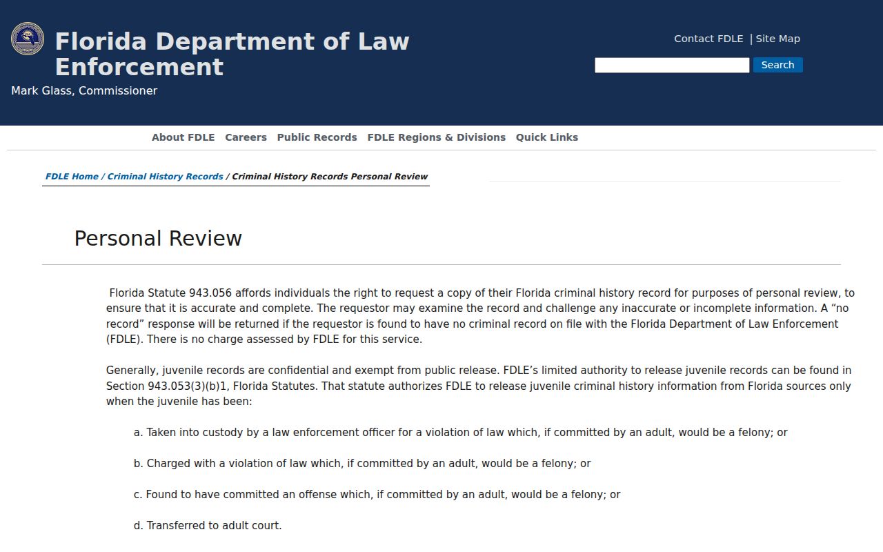 FDLE personal criminal history review and challenge process