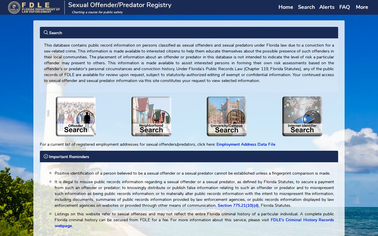 FDLE Florida offender registry search landing screen