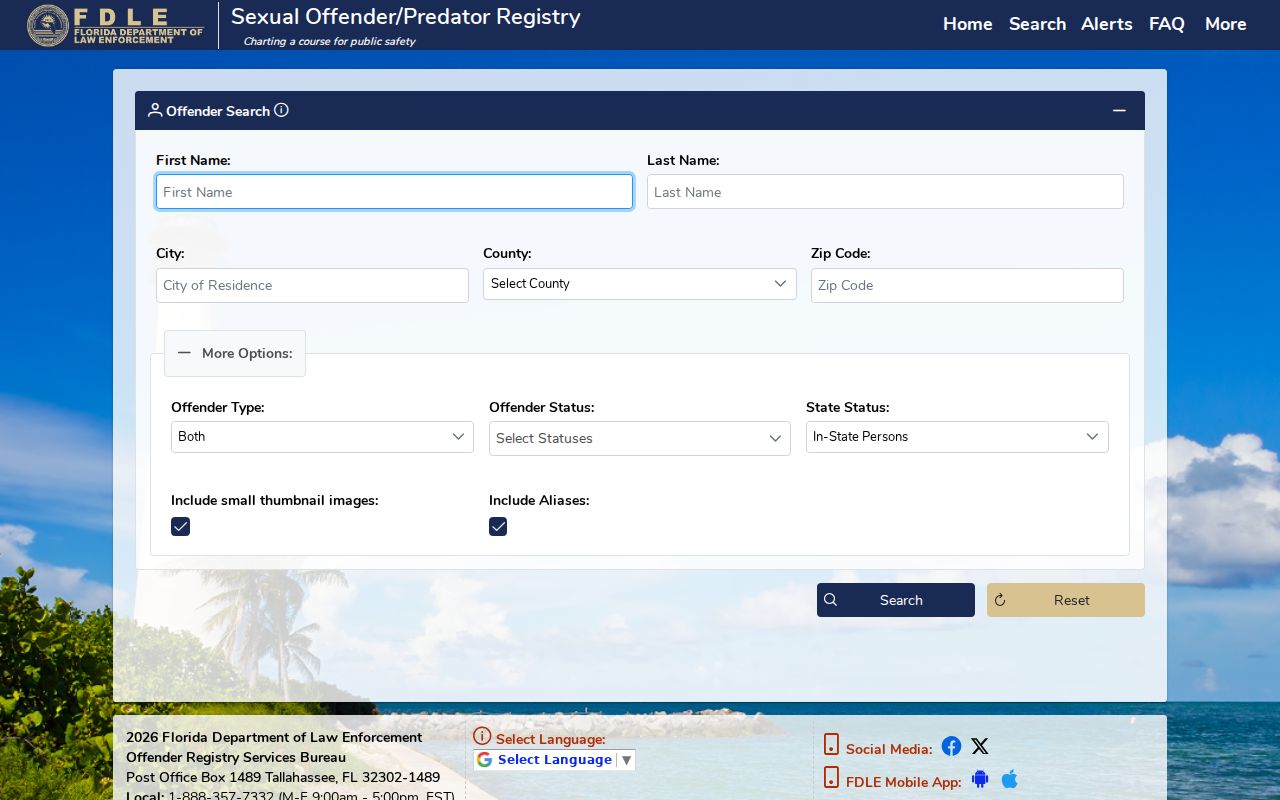 Florida offender registry search fields and filters